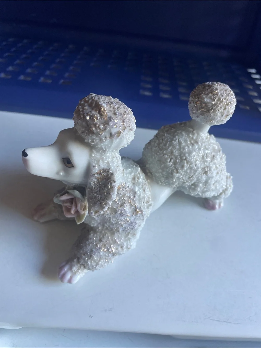 Source Unknown White Poodle Figurine with Pink Accents and Gold Glitter